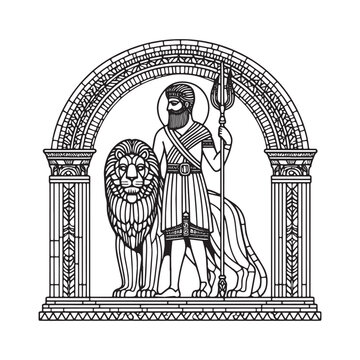 Gilgamesh and Lion Companion in Minimalist Mosaic Outline Arc Window