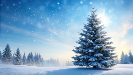 Fototapeta premium Frozen fir tree silhouetted against pale blue winter sky with soft snowfall