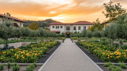 Obraz premium Elegant Estate with Gravel Path and Sunset Sky Peaceful Outdoor Living