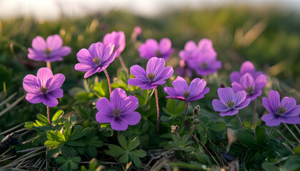 Obraz premium Close-up of purple flowers growing on field during sunset