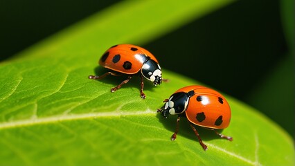 Two ladybugs on a green leaf, vibrant orange with black spots, poised for exploration.