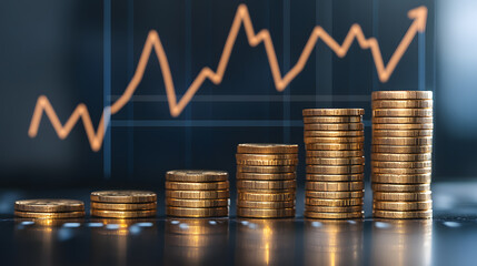 Stacks of gold coins forming bar chart with increasing trend line, symbolizing financial growth and investment success