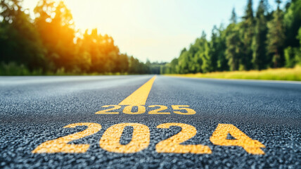 road with painted numbers 2024 and 2025, surrounded by trees and sunlight, symbolizes passage of time and future possibilities