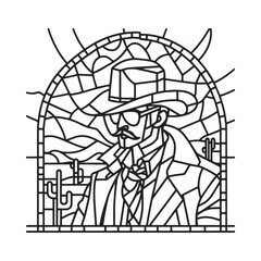 Minimalist Cowboy Mosaic in Arc Window - A Western Artistic Depiction