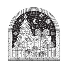 Naklejka premium Minimalist Christmas Mosaic, Presents Under Tree in Arched Window Scene
