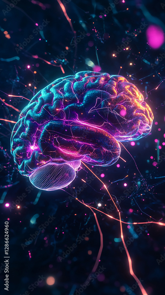 Poster 3d digital representation of a glowing brain made of neon lines and lights, symbolizing advanced tec