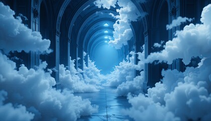 Obraz premium Ethereal cloud passage enchanted realm digital art surreal environment wide angle imagination