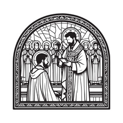 Fototapeta premium Minimalist mosaic depiction of a priest's ordination ceremony in an arc window
