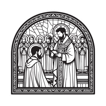 Minimalist mosaic depiction of a priest's ordination ceremony in an arc window