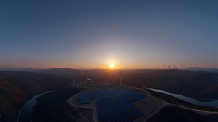 Sunrise over Renewable Energy: A serene landscape captures a sunrise over a wind farm, showcasing sustainable energy in a vast, picturesque setting. 