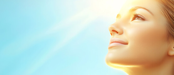 Illuminating joy young woman gazing at sunlight outdoor serenity portrait bright sky optimism