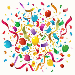 Colorful balloons, confetti, and ribbons burst.