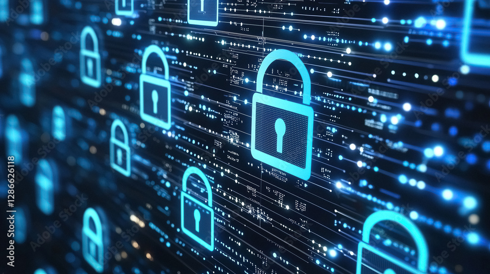 Poster Digital locks symbolize cybersecurity Data encryption ensures safe online transactions and communications