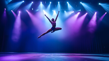gymnast mid flip frozen in air under dramatic stage lighting, showcasing grace and athleticism. vibrant purple and blue lights create dynamic and captivating atmosphere