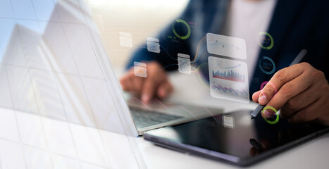 Businessman use pen artificial intelligence AI technology analyzing financial data stock market. AI learning and business. Document data management on network, cyber security, digital transformation