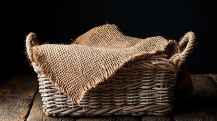 Rustic basket with burlap fabric on wooden surface.