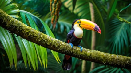 Fototapeta premium A vibrant toucan perches on a moss-covered branch, surrounded by lush green foliage.