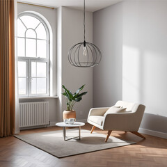 Modern Minimalist Living Room with Cozy Armchair and Natural Light