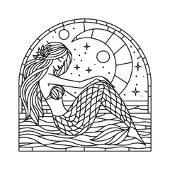 Minimalist mosaic mermaid outline inside arc window coloring book page