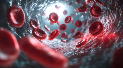 dynamic visualization of red blood cells flowing through blood vessel, highlighting intricate details of circulatory system