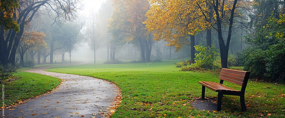 Poster autumn park path with a bench, surrounded by colorful trees and fog, evoking a serene and peaceful a
