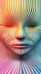 Enigmatic Lines: A close-up of a human face formed by an intricate pattern of colorful, flowing lines, creating a mesmerizing and artistic optical illusion.