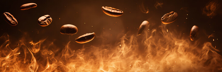 Roasted Coffee Beans in Fiery Inferno: A captivating image showcases roasted coffee beans seemingly suspended in mid-air against a backdrop of swirling flames, evoking a sense of warmth and intensity
