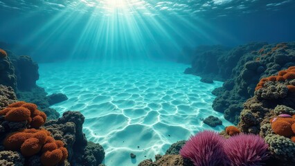 Fototapeta premium Underwater view of coral reef lagoon with sun rays shining through clear ocean water 