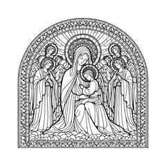 Fototapeta premium Minimalist Mosaic Outline of Mary and Jesus with Angels in Arc Window