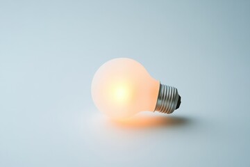 A glowing light bulb rests on a light blue surface, symbolizing ideas and innovation.