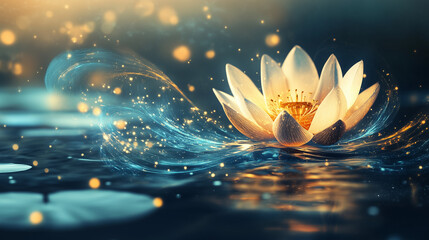 Beautiful golden lotus flower floating on water, surrounded by magical glowing lights, symbolizing spirituality, purity, and the power of inner peace.