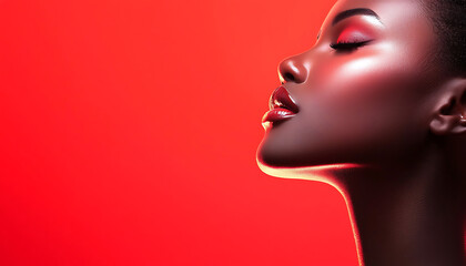 Elegant profile of a woman against vibrant red background portrait photography studio close-up beauty concept