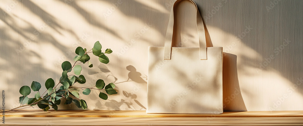 Poster minimalist beige canvas tote bag with eucalyptus leaves, showcasing simplicity and eco-friendly fash