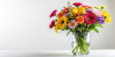 Vibrant floral arrangement in a clear glass vase against a white background