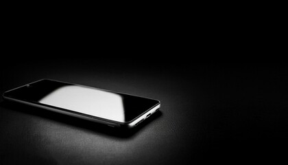 검은 배경에서 스마트폰이 빛을 받으며 놓여 있다
