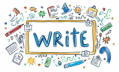 The Art of Expression: A vibrant illustration showcases the word 'WRITE,' surrounded by whimsical elements, symbolizing the creative process and the joy of putting pen to paper.