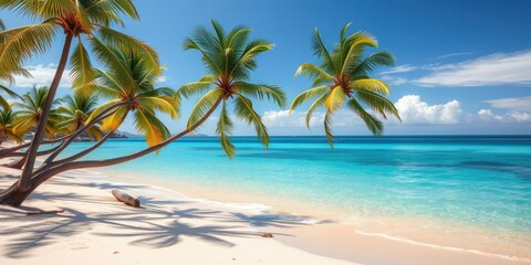 Warm sandy beach with swaying palm trees and crystal clear turquoise water, palm trees, shells, sun