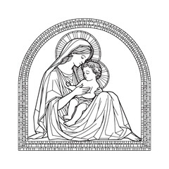 Fototapeta premium Minimalist Mosaic, Mary Nursing Baby Jesus in an Arc Window Setting