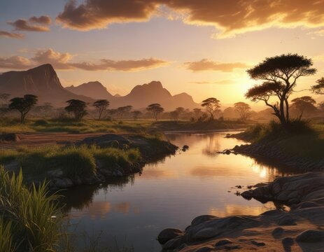 Vista de un paisaje con llanos orientales de Arauquita y el r&iacute;o Arauca al fondo, iluminado por el atardecer, sunset, warm light