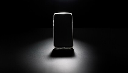 검은 배경에서 스마트폰이 빛을 받으며 놓여 있다