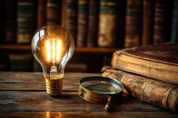 Illuminated ideas: A glowing lightbulb, magnifying glass, and antique books symbolize knowledge and discovery.