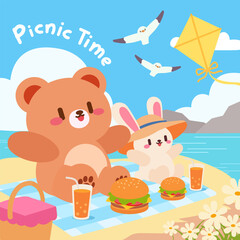Cute Bear and Bunny Enjoying a Beach Picnic. A charming kawaii style illustration of a bear and bunny enjoying a beach picnic with burgers, drinks, and a kite flying in the sky.