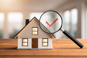 House Model Inspection Magnifying Glass and Red Checkmark on Wooden Table