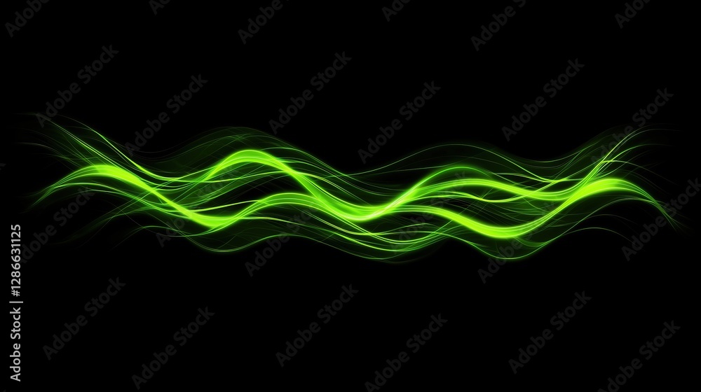 Poster luminous green waveforms against stark black canvas smooth motion