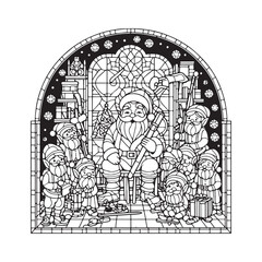 Santa Claus and Elves in a Mosaic Workshop Window, Holiday Joy
