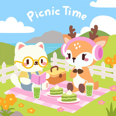 Adorable Cat and Deer Enjoying a Relaxing Picnic. Cute Picnic Scene with a Smart Cat and Cozy Deer.