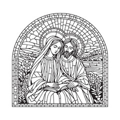 Fototapeta premium Serene Depiction of Mary and Jesus in Mosaic Style within Arc Window