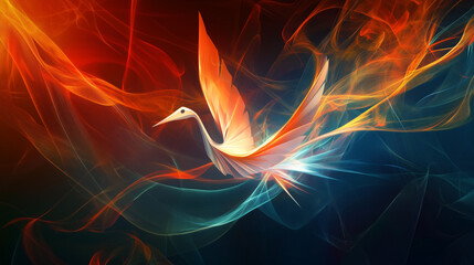 Mystical phoenix bird rising from glowing flames, symbolizing rebirth, resilience, and transformation in an abstract fantasy concept.