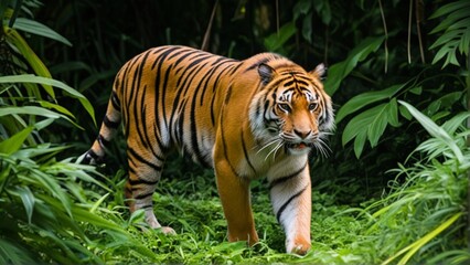 A majestic tiger strides confidently through lush green foliage.
