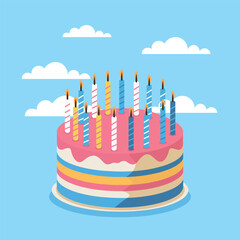 Colorful Birthday Cake with Lit Candles Under Blue Sky, Festive Birthday Cake with Multiple Candles Illustration